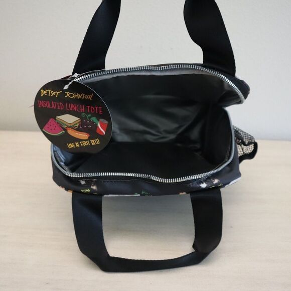 Betsey Johnson TBJ-1286 Black Allover Dogs Insulated Lunch Tote W/Mesh Pouc - Picture 3 of 8